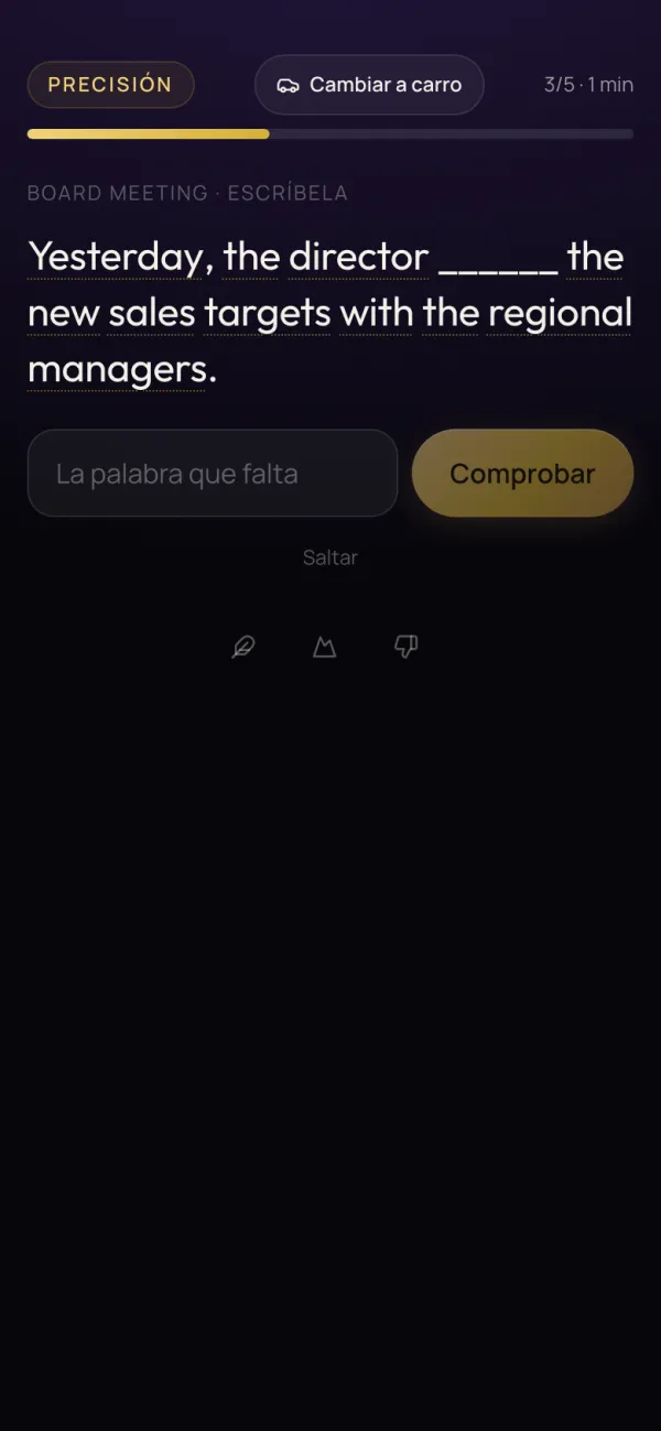 Sesión en el escritorio: escribes la palabra que falta en una frase de una reunión de directorio